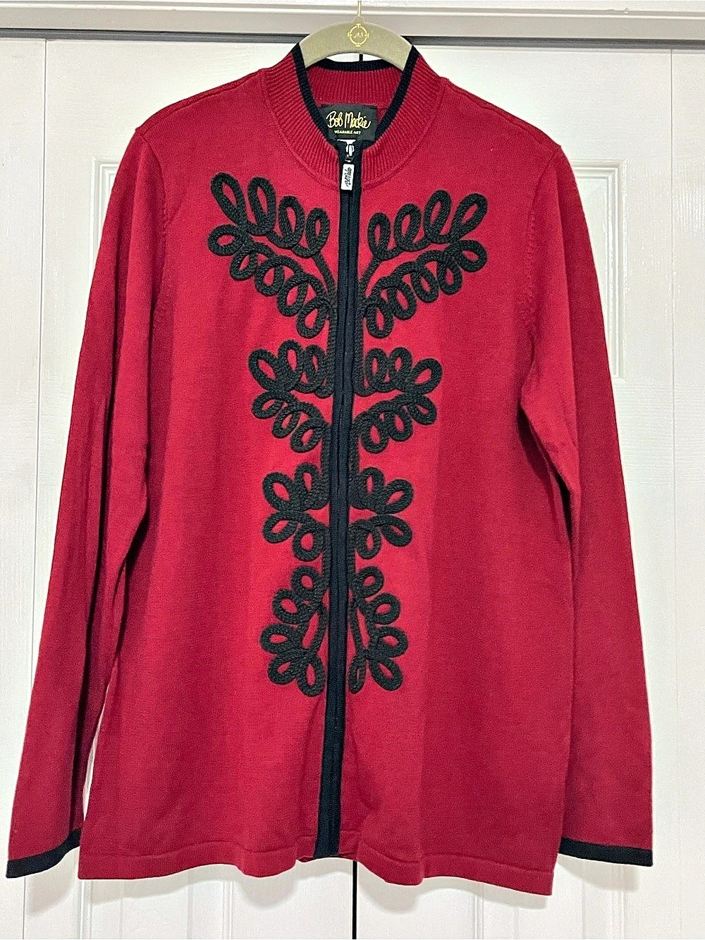 Bob Mackie Wearable Art Red Black Soutache Embroidered Zip Cardigan Jacket M